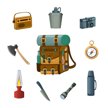 Téléchargez les illustrations : Set of backpacking essentials. Contents of the hiking backpack. Things for camping, hiking, travel. Vector illustration. Cartoon - en licence libre de droit