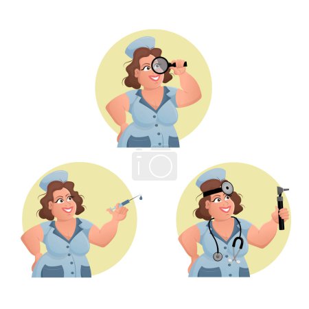 Illustration for Set of stickers with women doctors - pediatrician, therapist, nurse, otorhinolaryngologist and ophthalmologist. Narrow medical specialists. Cartoon vector illustration. - Royalty Free Image