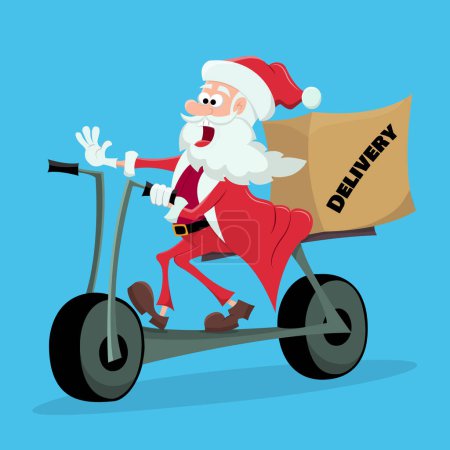 Ilustración de Santa hace entrega de caja de mercancía o regalos. El mensajero de Santa Claus en scooter negro se dirige al punto de entrega. Ilustración de Navidad con santa linda. Ilustración vectorial plana. - Imagen libre de derechos