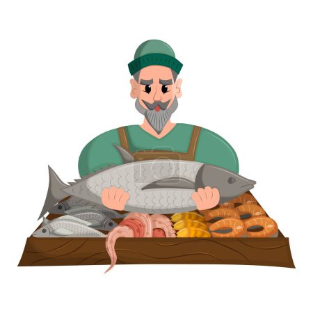Illustration for Fisherman with beard and wearing green hat sells his fresh catch of fish at the local market. Fresh organic products. Flat vector illustration. - Royalty Free Image