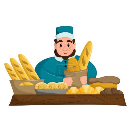 Illustration for Fat baker selling his baked goods at the local market. Fresh home baked products. Flat vestor illustration. - Royalty Free Image