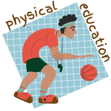 Illustration for Physical education teacher with whistle and basketball. Basketball player or referee. Flat vector illustration. - Royalty Free Image