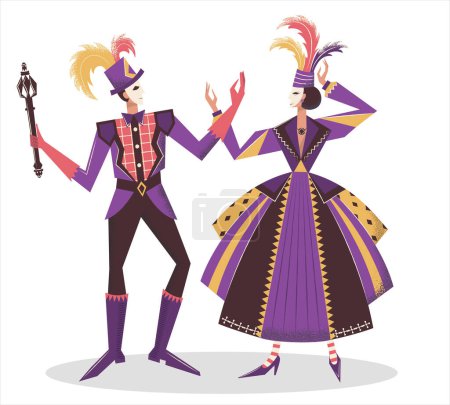 Illustration for Venetian carnival taking place in Italy. Main characters - king and queen in masks and bright purple-pink costumes and hats decorated with feathers. Flat vector illustration isolated on white background. - Royalty Free Image