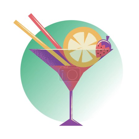 Glass of cold summer drink with lemon and strawberries and cocktail straws. Sweet alcoholic cocktail. Flat vector illustration isolated on white background.