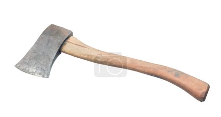 Téléchargez les photos : Old rust dirty dark gray ax with brown wooden handle is isolated on white background with clipping path. - en image libre de droit