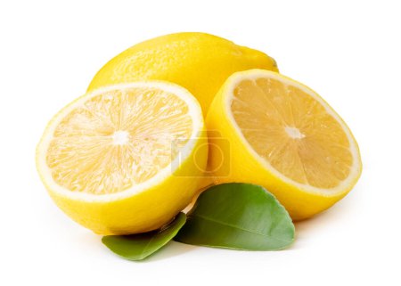 Single whole fresh beautiful yellow lemons with two halves and leaves is isolated on white background with clipping path.