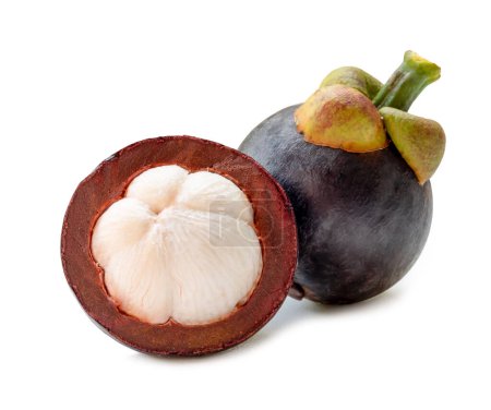 Single delicious fresh mangosteen with half is isolated on white background with clipping path.