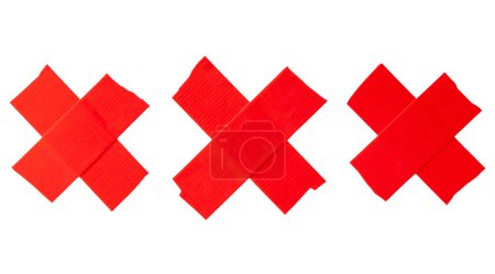Photo for Set of red scotch tape or adhesive vinyl tape in stripe of crisscross shape is isolated on white background with clipping path. - Royalty Free Image