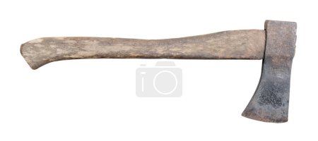 Photo for Old rust dirty dark gray axe with brown wooden handle is isolated on white background with clipping path - Royalty Free Image