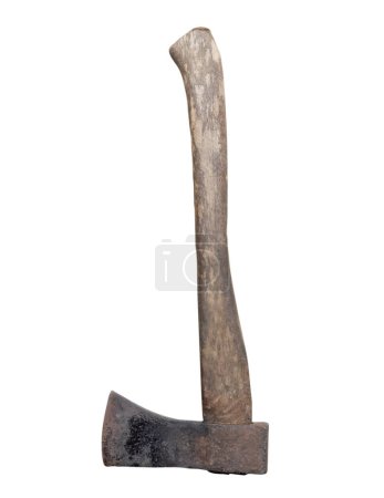 Photo for Old dark gray metal axe with wooden handle is isolated on white background with clipping path. - Royalty Free Image