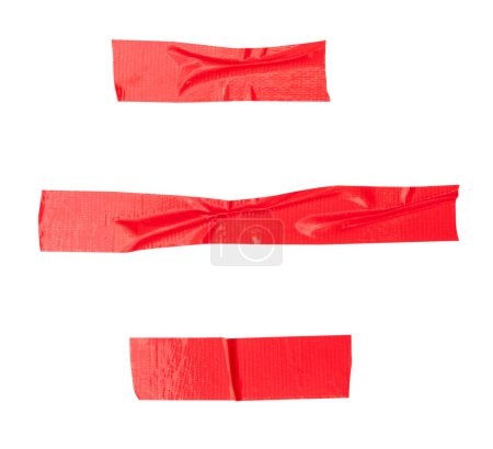 Top view set of wrinkled red adhesive vinyl tape or cloth tape in stripe shape is isolated on white background with clipping path 