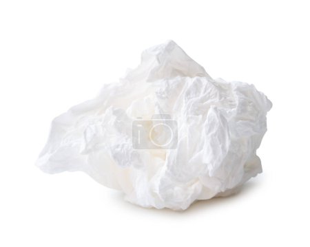 Front view of crumpled tissue paper ball after use in toilet or restroom is isolated on white background with clipping path.