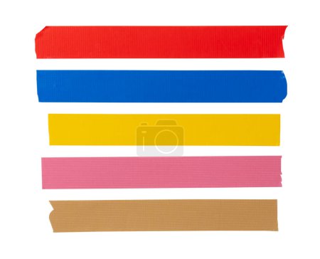 Top view set of multicolor adhesive vinyl tape or cloth tape in stripe shape is isolated on white background with clipping path.