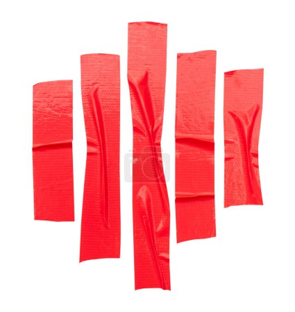 Top view set of wrinkled red adhesive vinyl tape or cloth tape in stripe shape is isolated on white background with clipping path.