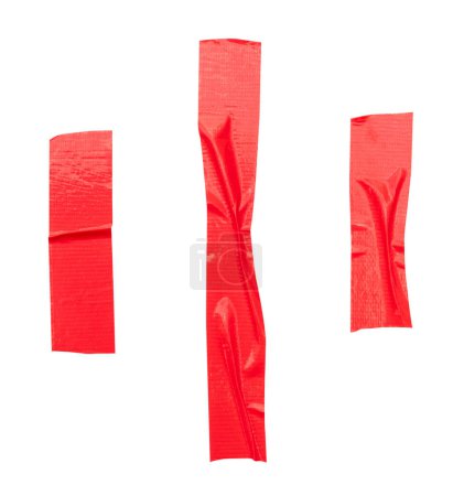 Top view set of wrinkled red adhesive vinyl tape or cloth tape in stripe shape is isolated on white background with clipping path.