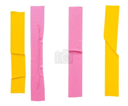 Top view set of pink and yellow wrinkled adhesive vinyl tape or cloth tape in stripes shape is isolated on white background with clipping path.