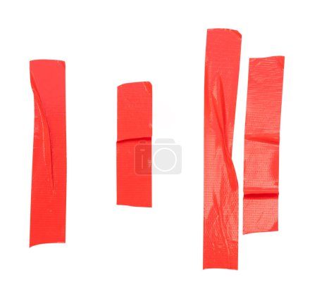 Top view set of red wrinkled adhesive vinyl tape or cloth tape in stripes shape is isolated on white background with clipping path.