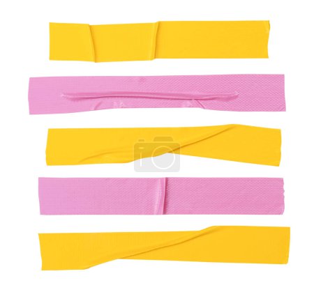 Top view set of wrinkled yellow and pink adhesive vinyl tape or cloth tapes in stripe shape is isolated on white background with clipping path.