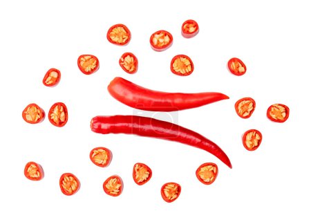 Top view set of red chili pepper with slices is isolated on white background with clipping path.