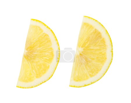 Top view set of yellow lemon slices or quarters is isolated on white background with clipping path.