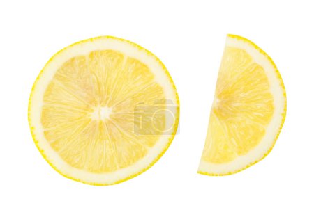 Top view set of yellow lemon half and slice or quarter is isolated on white background with clipping path.