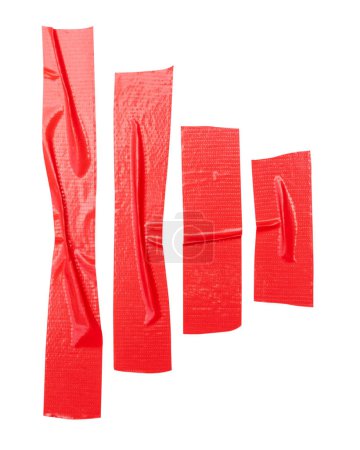 Top view set of wrinkled red adhesive vinyl tape or cloth tape in stripes shape is isolated on white background with clipping path.