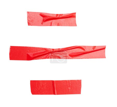 Top view set of wrinkled red adhesive vinyl tape or cloth tape in stripes shape is isolated on white background with clipping path.