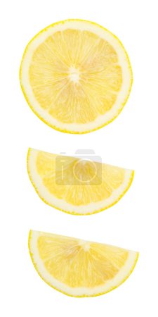 Top view set of yellow lemon half and slice or quarter is isolated on white background with clipping path.