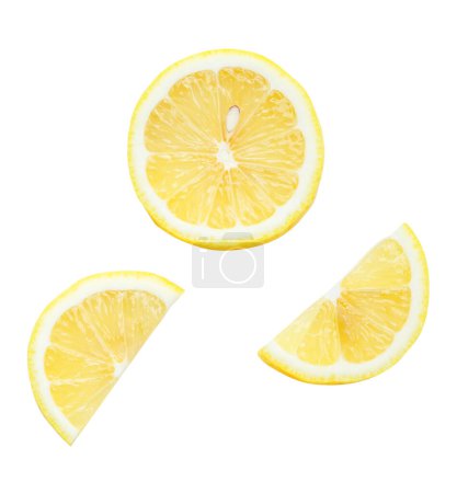 Top view set of yellow lemon half with slices is isolated on white background with clipping path.