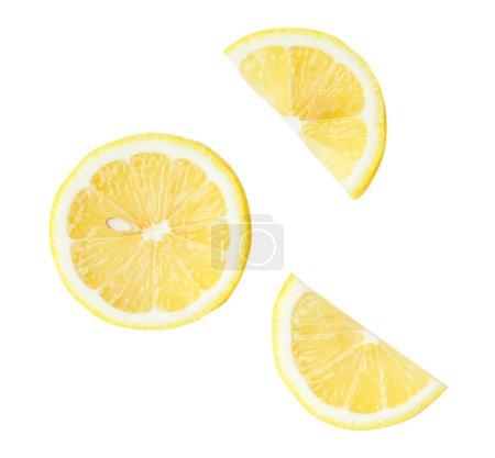 Top view set of yellow lemon half with slices is isolated on white background with clipping path.