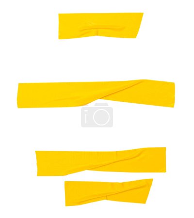 Top view set of  wrinkled yellow adhesive vinyl tape or cloth tape in stripes shape is isolated on white background with clipping path.