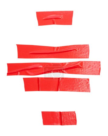 Top view set of  wrinkled red adhesive vinyl tape or cloth tape in stripes shape is isolated on white background with clipping path.