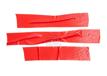 Top view set of  wrinkled red adhesive vinyl tape or cloth tape in stripes shape is isolated on white background with clipping path.