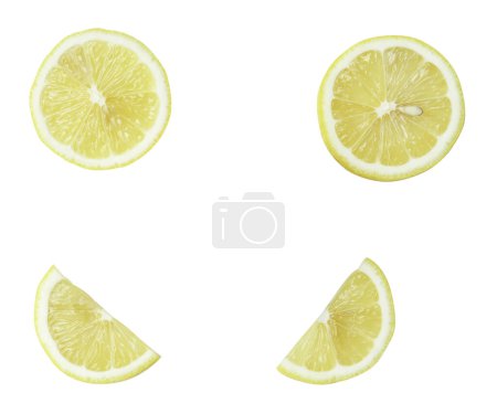 Top view set of fresh yellow lemon halves with slices or quarter scattering is isolated on white background with clipping path.