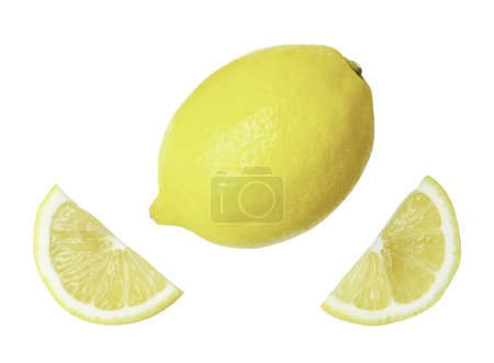 Top view set of fresh yellow lemon fruit with slices or quarter scattering is isolated on white background with clipping path.
