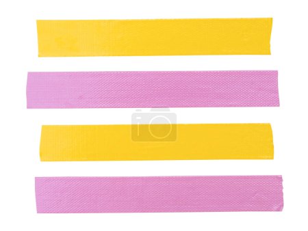 Top view set of pink and yellow adhesive vinyl tape or clothes tape in stripe shape is isolated on white background with clipping path.