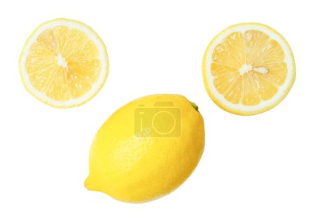 Top view set of fresh yellow lemon fruit with halves or slices scattering is isolated on white background with clipping path.