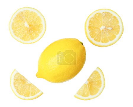 Top view set of fresh yellow lemon fruit with halves and slices scattering is isolated on white background with clipping path.