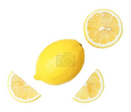 Top view set of beautiful yellow lemon fruit with half and slices or quarters is isolated on white background with clipping path.