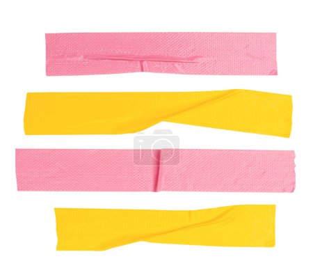 Top view set of yellow and pink adhesive vinyl tape or cloth tape in stripes shape is isolated on white background with clipping path.