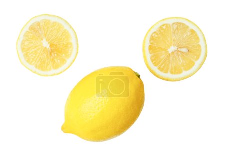 Top view set of beautiful yellow lemon fruit with half and slices or quarters is isolated on white background with clipping path.