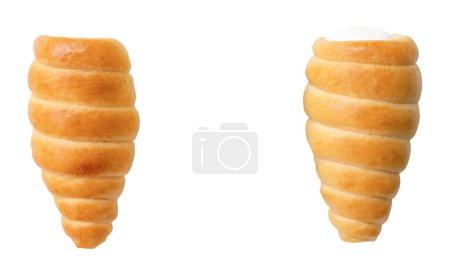 Photo for Top view set of puff pastry cream horns scattering is isolated on white background with clipping path. - Royalty Free Image