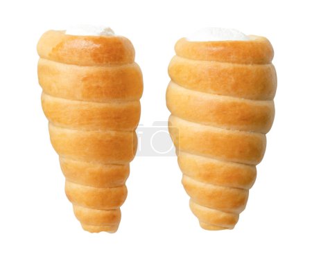 Top view set of puff pastry cream horn scattering is isolated on white background with clipping path.