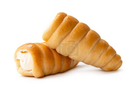 Front view or side view of puff pastry cream horn in stack is isolated on white background with clipping path.