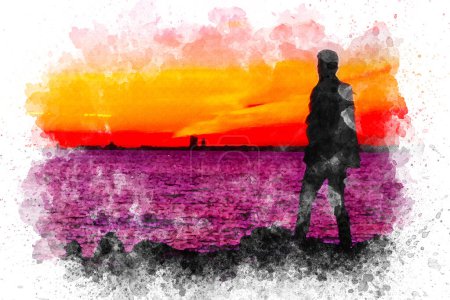 Watercolor art Silhouettes of people walking on the beach at sunset. High quality illustration