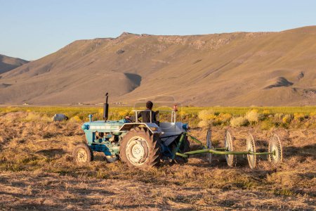 Foto de Vida rural en movimiento Un agricultor que trabaja en el suelo con un tractor en una vasta granja. Foto de alta calidad - Imagen libre de derechos