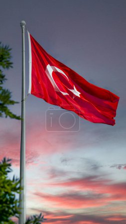 Photo for Turkish flag with a sunset background. Background image for national holidays and liberation days. Suitable for banner, post, or story with copy area. High quality photo - Royalty Free Image