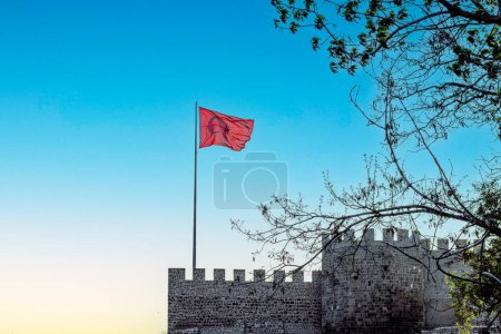 Una bandera turca ondea orgullosamente contra un cielo azul claro sobre una antigua fortaleza de piedra, simbolizando el orgullo nacional.Castillo de Erzurum, Turquía.