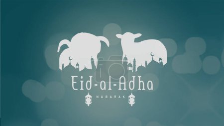Tarjeta de felicitación Eid al-Adha con siluetas de oveja sobre un telón de fondo de silueta de mezquita, perfecta para compartir en redes sociales.
