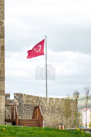 Turkish flag waving at Erzurum Castle.